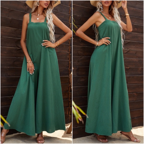 Bellanblue Pants - Boho Green Wide Leg Palazzo Cami Zipper Jumpsuit